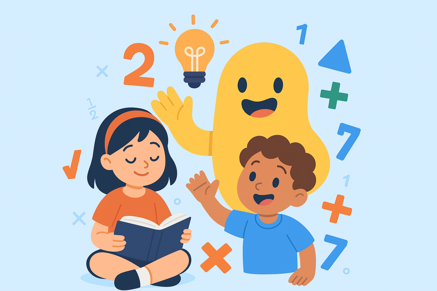 Pixel art illustration of a child happily doing math on a computer